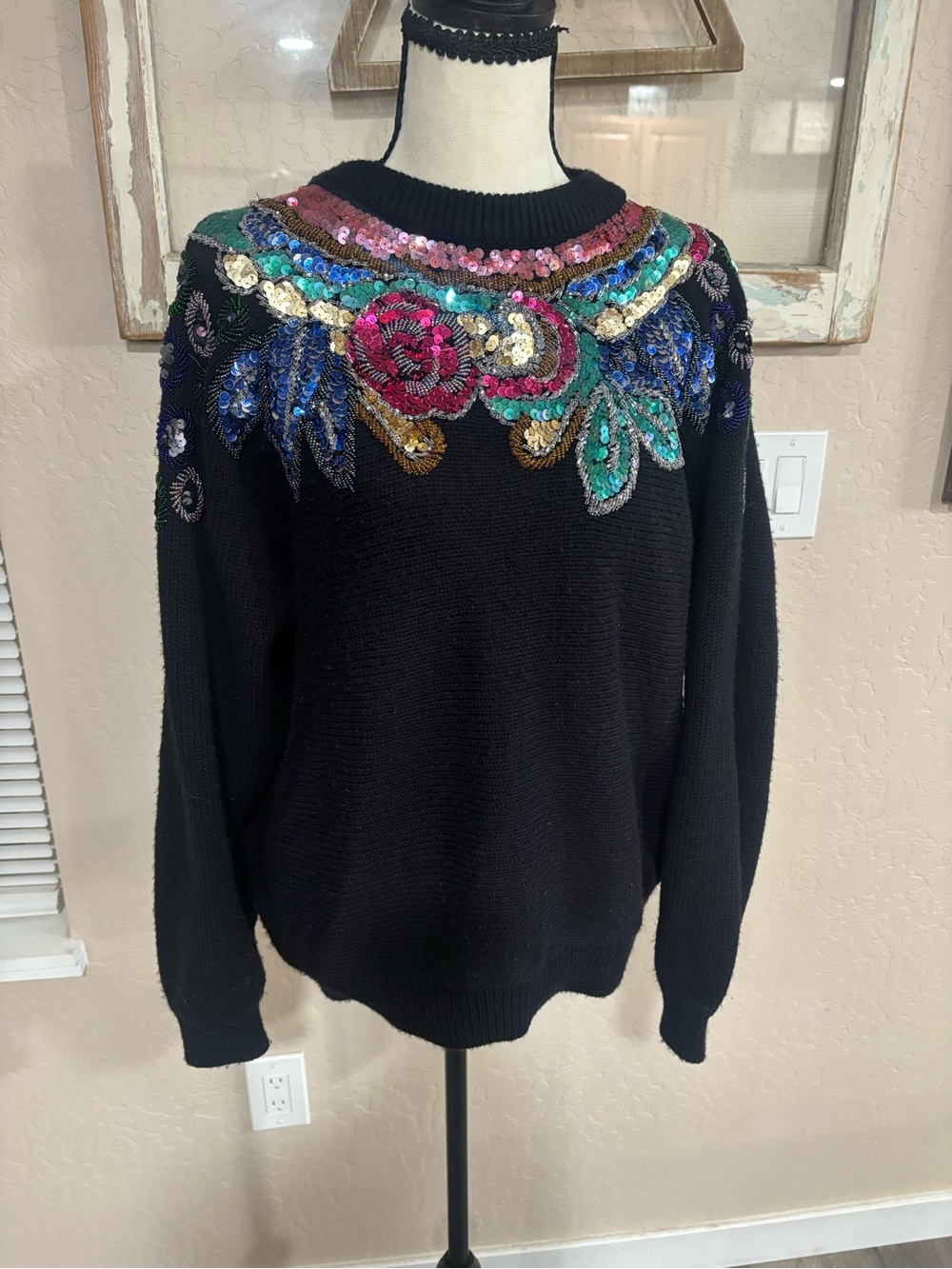 Alfred Dunner Black Sweater with Multicolor Sequin Floral Yoke
